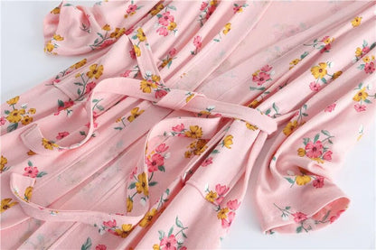 Spring and Autumn Cotton Waffle Kimono Bride Bathrobe and Night Gown Home Wear Women Flower Print Sashes House Robe for Women