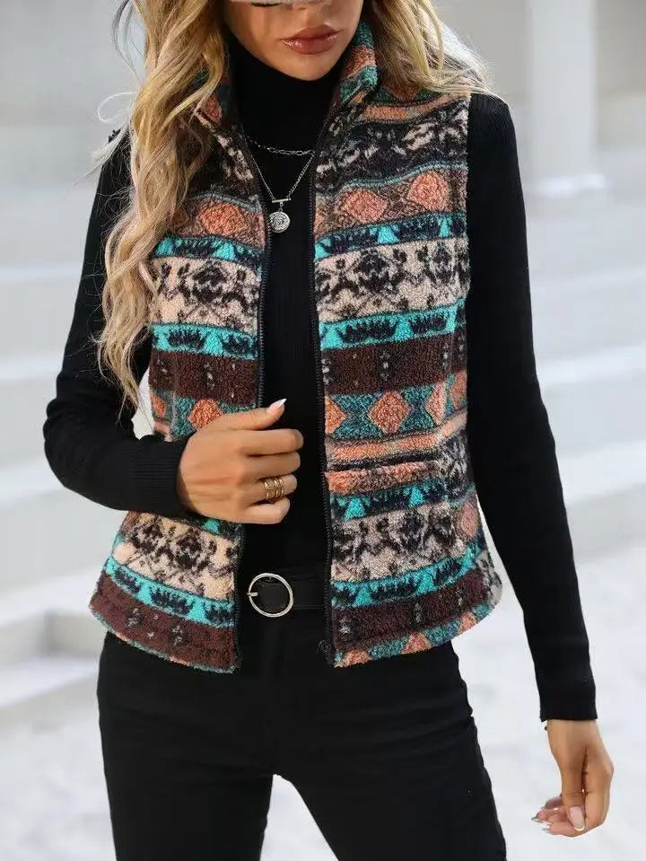 VigoCasey 2025 Casual Print Zipper Thick Vest Coat Woman Sleeveless Warm Plush Waistcoat Lady Autumn Winter Short Vest Jacket