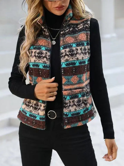 VigoCasey 2025 Casual Print Zipper Thick Vest Coat Woman Sleeveless Warm Plush Waistcoat Lady Autumn Winter Short Vest Jacket
