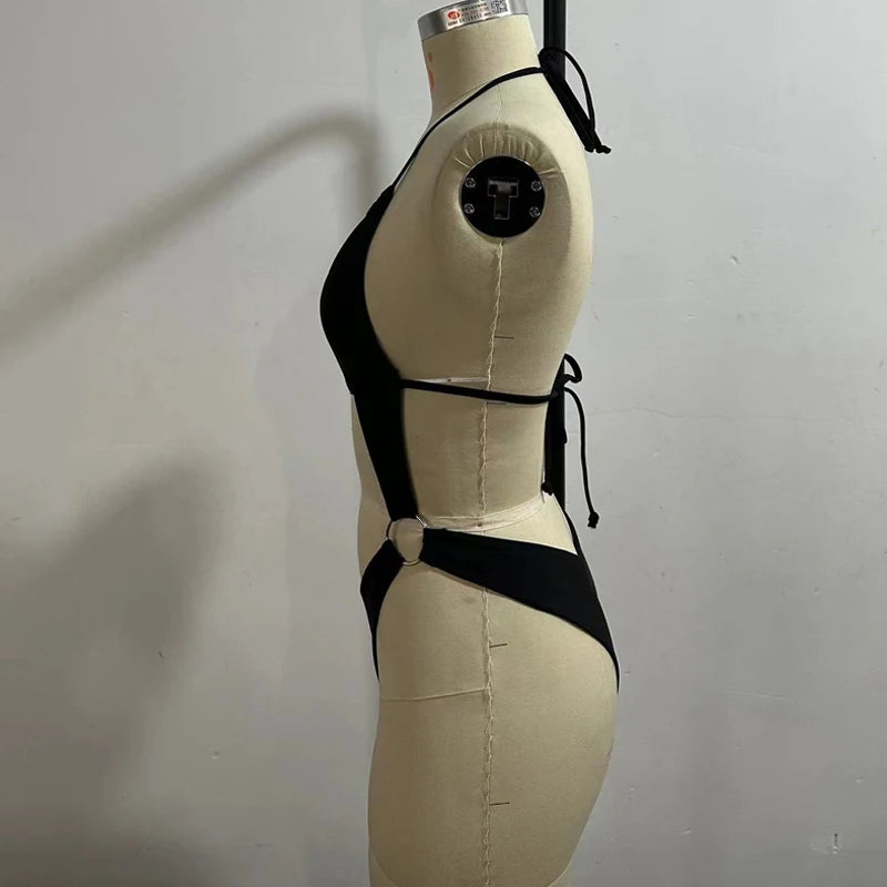 BEACHCICI Women's Bikini One Piece Summer Sexy Solid Halterneck Lace Up Cutout Metal Ring Slim Backless Beach Holiday Swimsuit