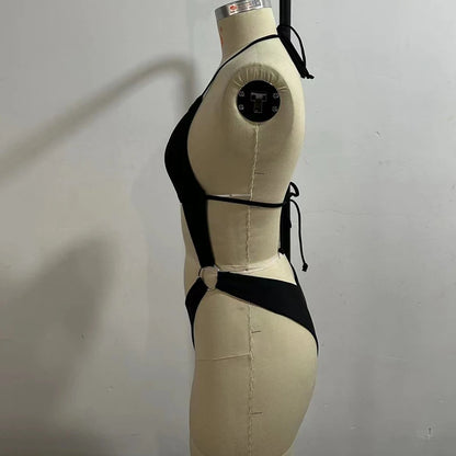 BEACHCICI Women's Bikini One Piece Summer Sexy Solid Halterneck Lace Up Cutout Metal Ring Slim Backless Beach Holiday Swimsuit