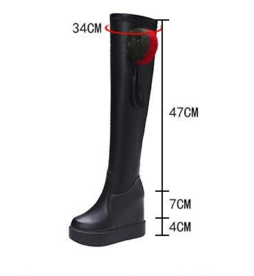 Knee Thigh High New In Women's Boots Genuine Leather Fur Long Shoes for Women Winter 2025 Wedges Chunky Platform Heeled Black