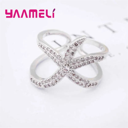 Newest Original 925 Sterling Silver Color Adjustable Ring Big Starfish Paved Shiny White Crystals Opening Rings Women Accessory