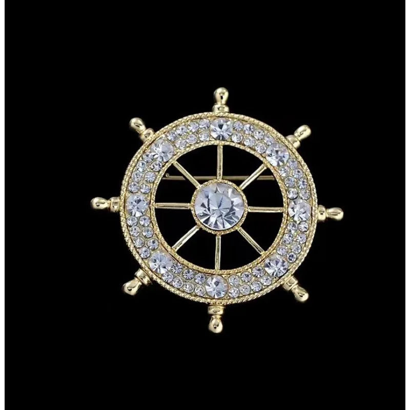 Navy Style Diamond Studded Rudder Brooch
