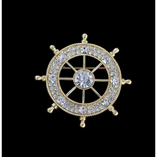 Navy Style Diamond Studded Rudder Brooch