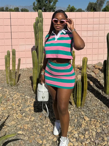 Sporty Fitness Striped Print 2 Pieces Set for Woman Streetwear Casual Turn-down Collar Shirt Crop Top and Mini Skirt Sets Summer