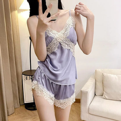 Womens Sexy Satin Pajama Set Lace Trim Cami Top Shorts Lingerie Sleepwear Silky Black Cream V Neck Spaghetti Strap Two Piece