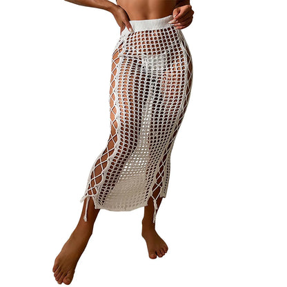 Summer Vacation Beach Cover Ups Women Crochet Knitting Skirts Sunscreen Solid Color High Waist Bodycon Hollow Out Long Skirt