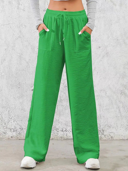 Solid Drawstring Wide Leg Pants, Casual Elastic Waist Slant Pocket Pants For Spring & Summer, Women's Clothing