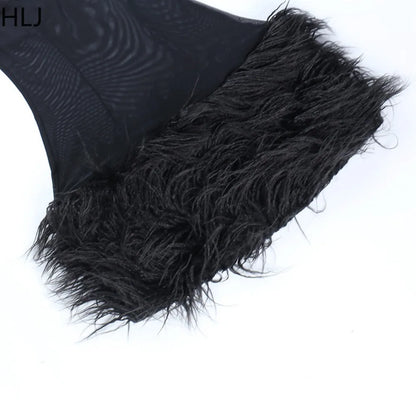 HLJ Black Sexy Mesh Perspective Patchwork Party Nightclub Dresses Women Thin Fur Mini Suspended Dress Female Halloween Clothing