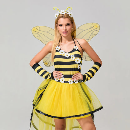 EtherealBe women's bee costume for Halloween with yellow skirt and wings, perfect for festive celebrations
