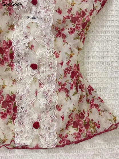 2025 Summer Woman Floral Halter Lace Blouse 2025 Vintage Sexy Slim Fit Fairy Korean Fashion Female Tops Outfits Elegant Style