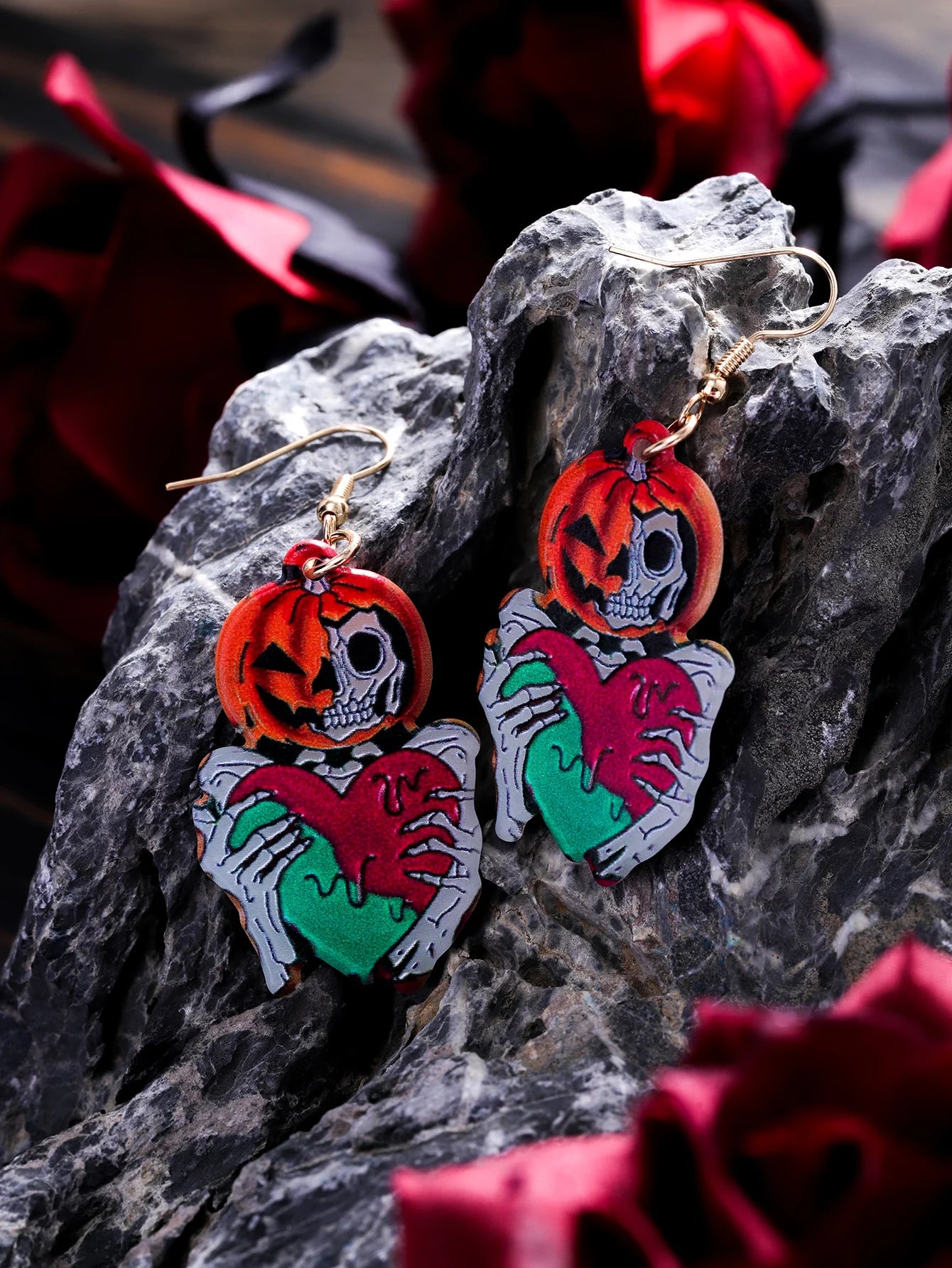 EtherealBe Halloween earrings for women with spooky skeleton and pumpkin design