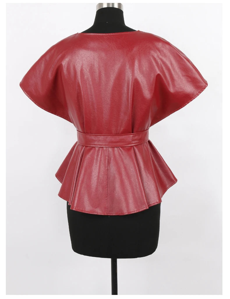 Nerazzurri Spring Short Red Faux Leather Vest Women Belt Runway Fashion Elegant Luxury Designer Clothes Sleeveless Jacket 2022