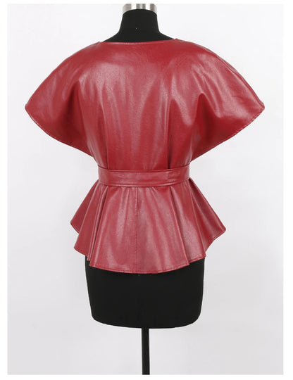 Nerazzurri Spring Short Red Faux Leather Vest Women Belt Runway Fashion Elegant Luxury Designer Clothes Sleeveless Jacket 2022
