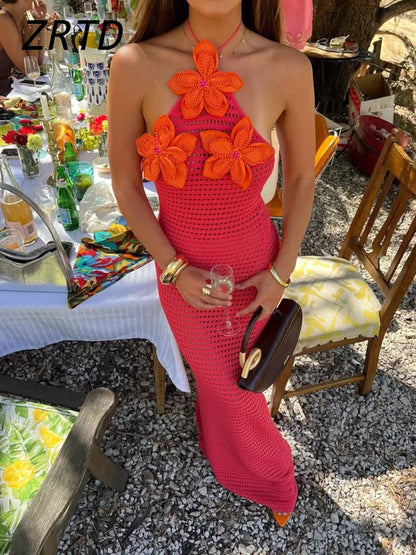 Sexy Crochet Hollow Out Long Halter Dress Women 3D Flower Backless Sleeveless Beach Dresses 2025 Summer Lady Vacation Robes New