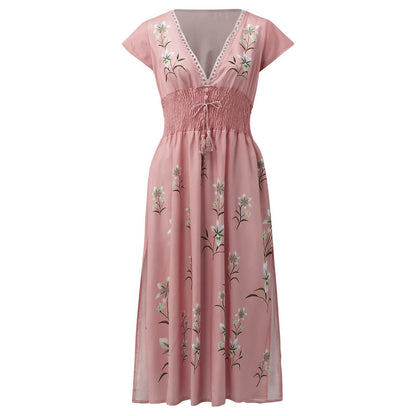 Beach Boho Dress Women Ruffled V-Neck Floral Vintage High Waist A-Line Long Dress Sleeveless Lace Up Jacquard Maxi Sundress