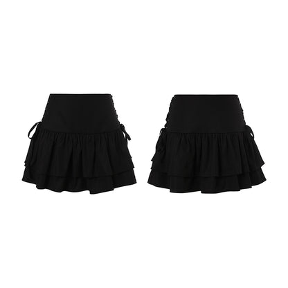 Women s Pleated High Waist Mini Skirt Solid Color Ruffle A-Line Skirt with Criss Cross Tie Up Detail