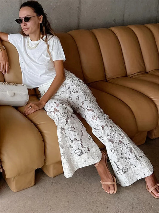 Tossy White Printed High Waist Straight Legg Women Patchwork Hollow Out Fashion See-Through Lace Women's Pants Summer Clothes