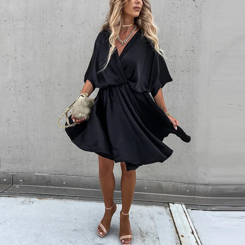 Sexy V Neck Dresses For Women Elegant Short Sleeve Solid A-line Loose Mini Dress Women Casual Beach Party Dress Boho 2022