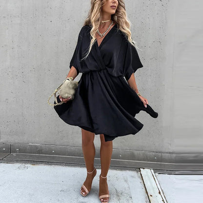 Sexy V Neck Dresses For Women Elegant Short Sleeve Solid A-line Loose Mini Dress Women Casual Beach Party Dress Boho 2022