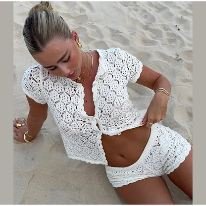 Sexy Women Crochet Hollow Out Patchwork Top Suits Fashion Round Neck Cardigan Crop Shorts Sets Summer Female Beach Party Outfit