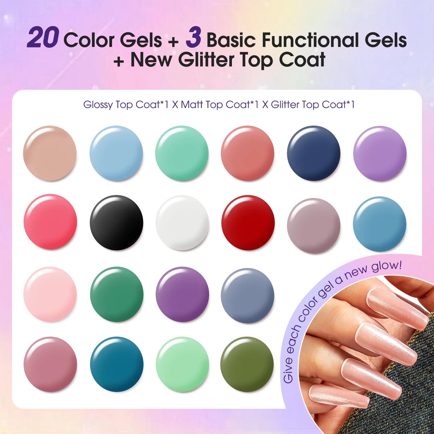 ROSALIND 24PCS Gel Nail Polish Set with Base and Top Coat Soak Off Nail Gel Kit Long Lasting