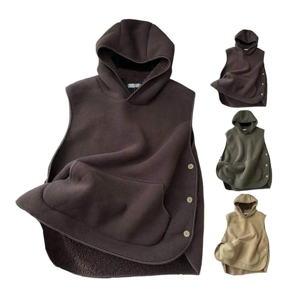 Lady Thermal Vest Women Side Button Closure Fleece Hooded Vest Solid Color Front Pocket Casual Top For Fall Winter