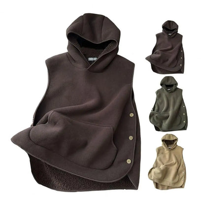 Lady Thermal Vest Women Side Button Closure Fleece Hooded Vest Solid Color Front Pocket Casual Top For Fall Winter
