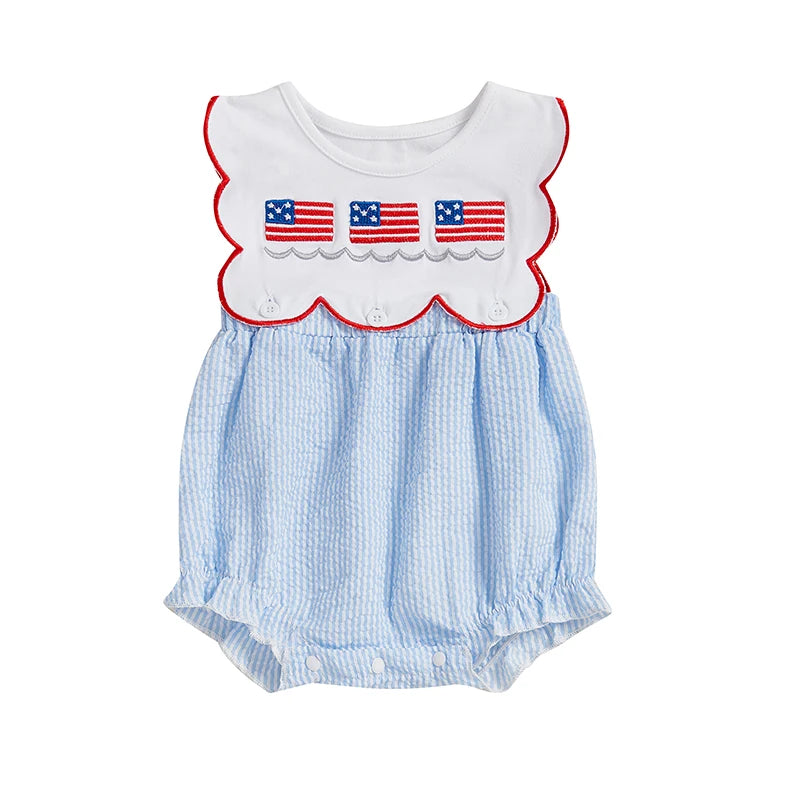 Toddler Girls Patriotic Sleeveless Romper with American Flag Embroidery and Striped Design for Independence Day