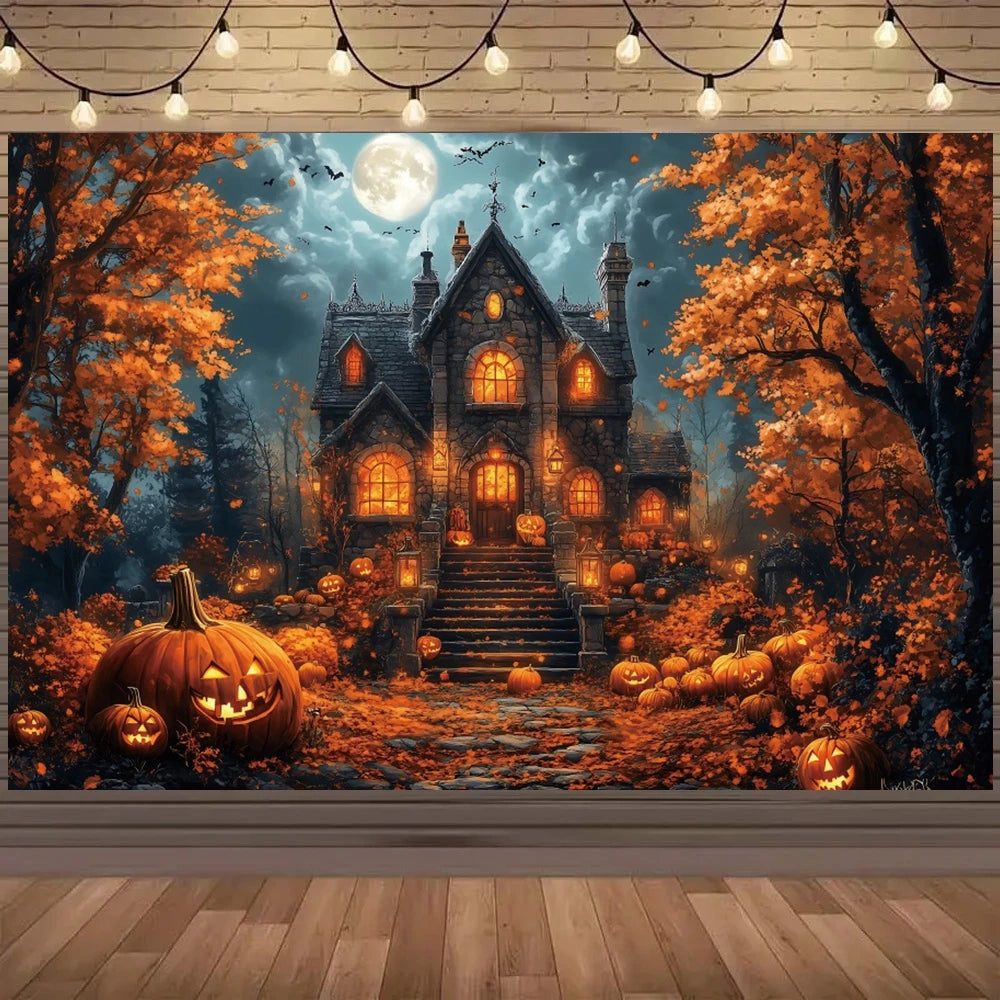 EtherealBe Halloween photo backdrop featuring a haunted house surrounded by pumpkins and autumn trees