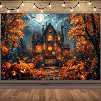 EtherealBe Halloween photo backdrop featuring a haunted house surrounded by pumpkins and autumn trees