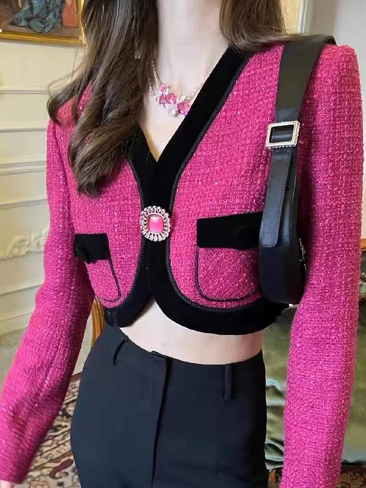 Stylish sweet pink tweed blazer for ladies featuring velvet accents and a chic cropped design
