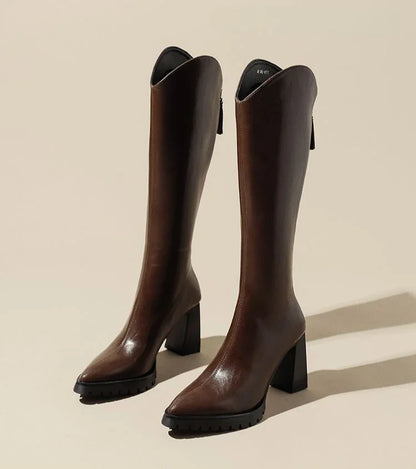 Elegant Heeled Women's Long Boots High Heels Leather Brown Ladies Knee Shaft Shoes Pointed Toe Waterproof Y2k Chic New Rock Work