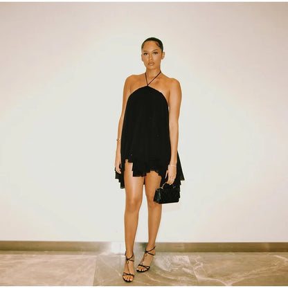 Elegant Halter Ruffles Short Dress Women Loose Solid Strapless Sleeveless Backless Dresses 2025 Summer Lady Beach Vacation Robes