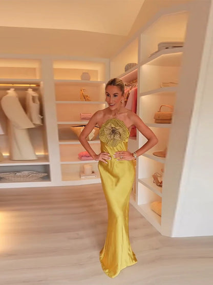 Elegant Party Women's Dress 3D Flower Halter Sleeveless Backless Mermaid Satin Female Dresses 2025 Summer Chic Evening Lady Robe