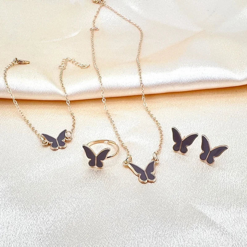 Fashion Butterfly Jewelry Set Acrylic Romantic Bracelet Ring Necklace Earring Set for Women Wedding Party New Year Festival Gift