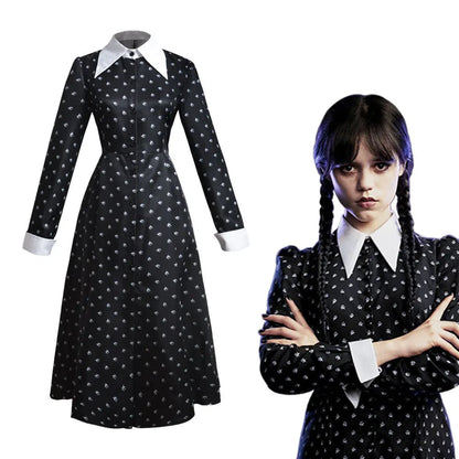 Wednesday Addams cosplay dress for women black long sleeve dress with white collar and cuffs shown on mannequin and model