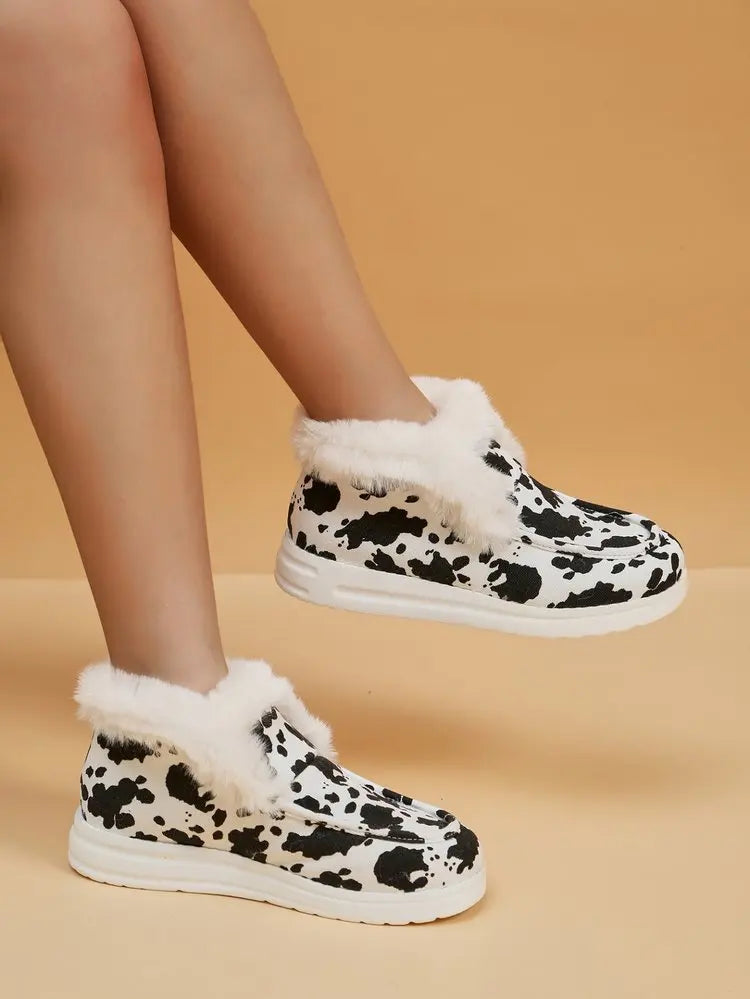 2025 Autumn Winter Women Fluffy Fur Snow Boots Women Leopard Print Flat Flat Heels Thicken Plush Cotton Padded Shoes Woman Warm