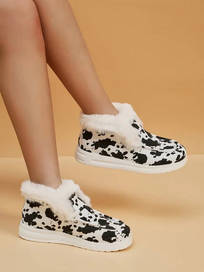 2025 Autumn Winter Women Fluffy Fur Snow Boots Women Leopard Print Flat Flat Heels Thicken Plush Cotton Padded Shoes Woman Warm