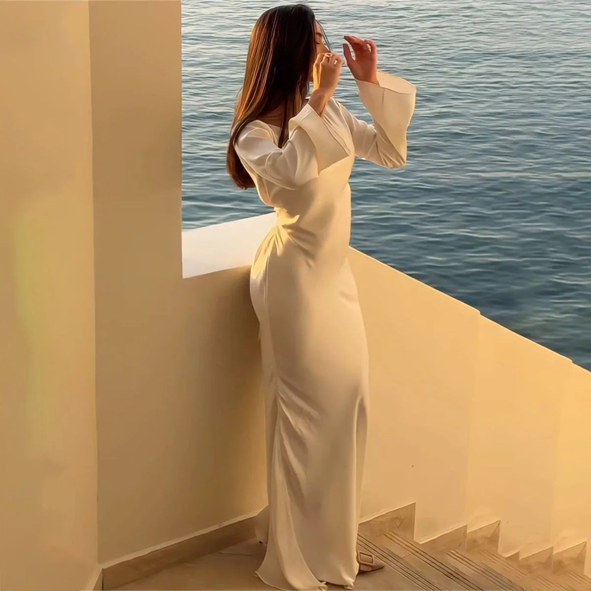 Women‘s Maxi Dress 2025 New Silk Long Round Neck Satin Flare Sleeve Lace Up Slim Skirt Evening Party Dresses Sexy Chic Robes