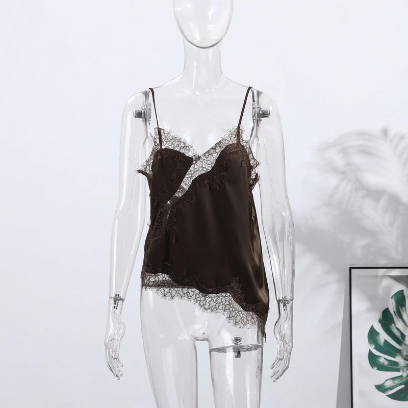 Brown Satin Sexy Lace Spliced Short Sling Dress Women V-neck Sleeveless Backless Asymmetric Party Dresses 2025 Summer Lady Robes