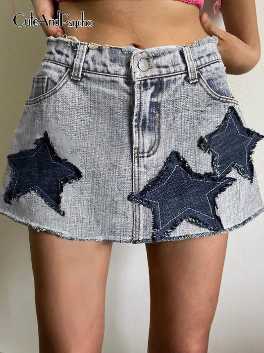 Cuteandpsycho Star Patchwork Y2K Korean Mini Skirts Casual Fashion Vintage A-line Women's Skirts Aesthetic Preppy Style Bottoms