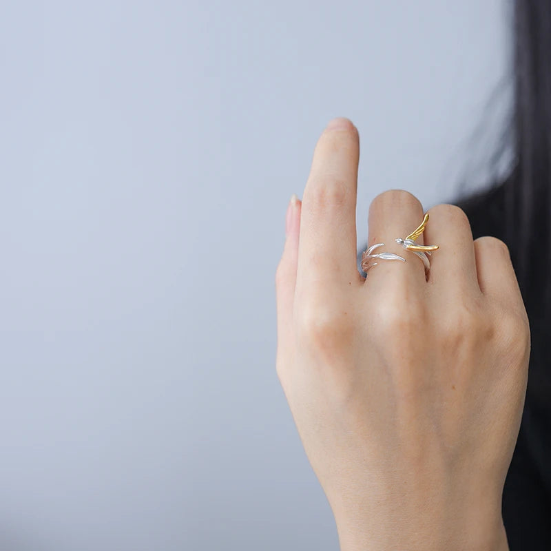Lotus Fun 18K Gold Swallow Willow Branch Unusual Asymmetrical Rings for Women Real 925 Sterling Silver Original Fine Jewelry