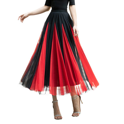 Women Color Block A-line Skirt Mid Length Drape Feeling High Waist Slim Mesh Skirts Carnival Festival Party Performance Costume