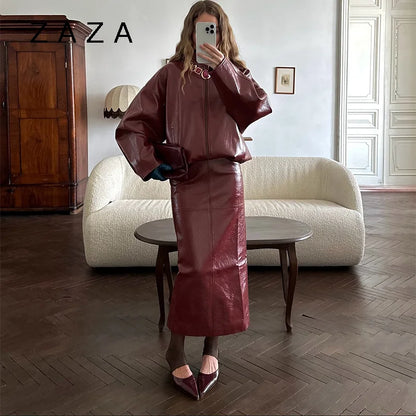 Vintage Solid Pu Leather Jacket Skirt Set High Neck Coat Slim Fit Long Skirt Coats Skirt Sets 2025 New Autumn Winter Lady Outfit