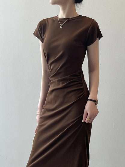 Slim Fit T-irt Dr Women's Spring Summer ort Sve Pleated Waist Cinching A-Line Midi Dr Small Stature 50