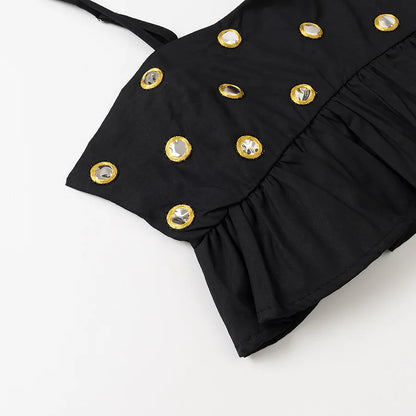 Women's Metal Hollow Pleated Suspender Skirt Two Piece Set Sexy Sleeveless Vest High Waist Mini Skirt Lady Vacation Dress Sets