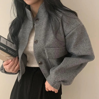 Autumn and Winter Loose Wool Coat for Women's Pocket Stand Collar Top Long Sleeve Button Hong Kong Style Wool Coat