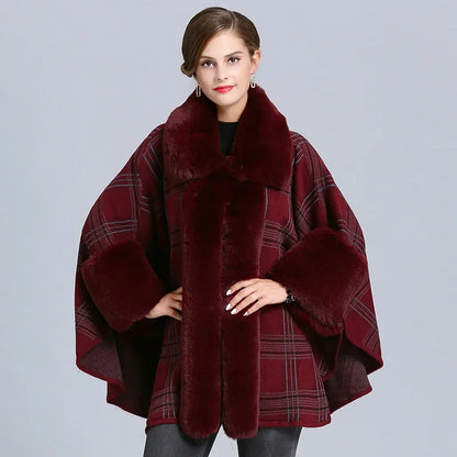 EtherealBe faux fur collar plaid coat in burgundy with oversized sleeves and stylish design